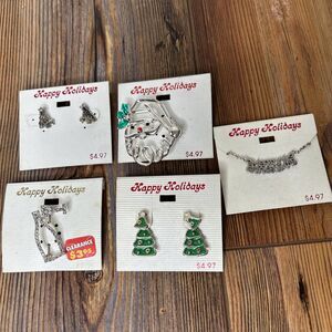 Lot (5) Christmas Brooches Earrings Happy Holidays Brand Costume Jewelry VTG